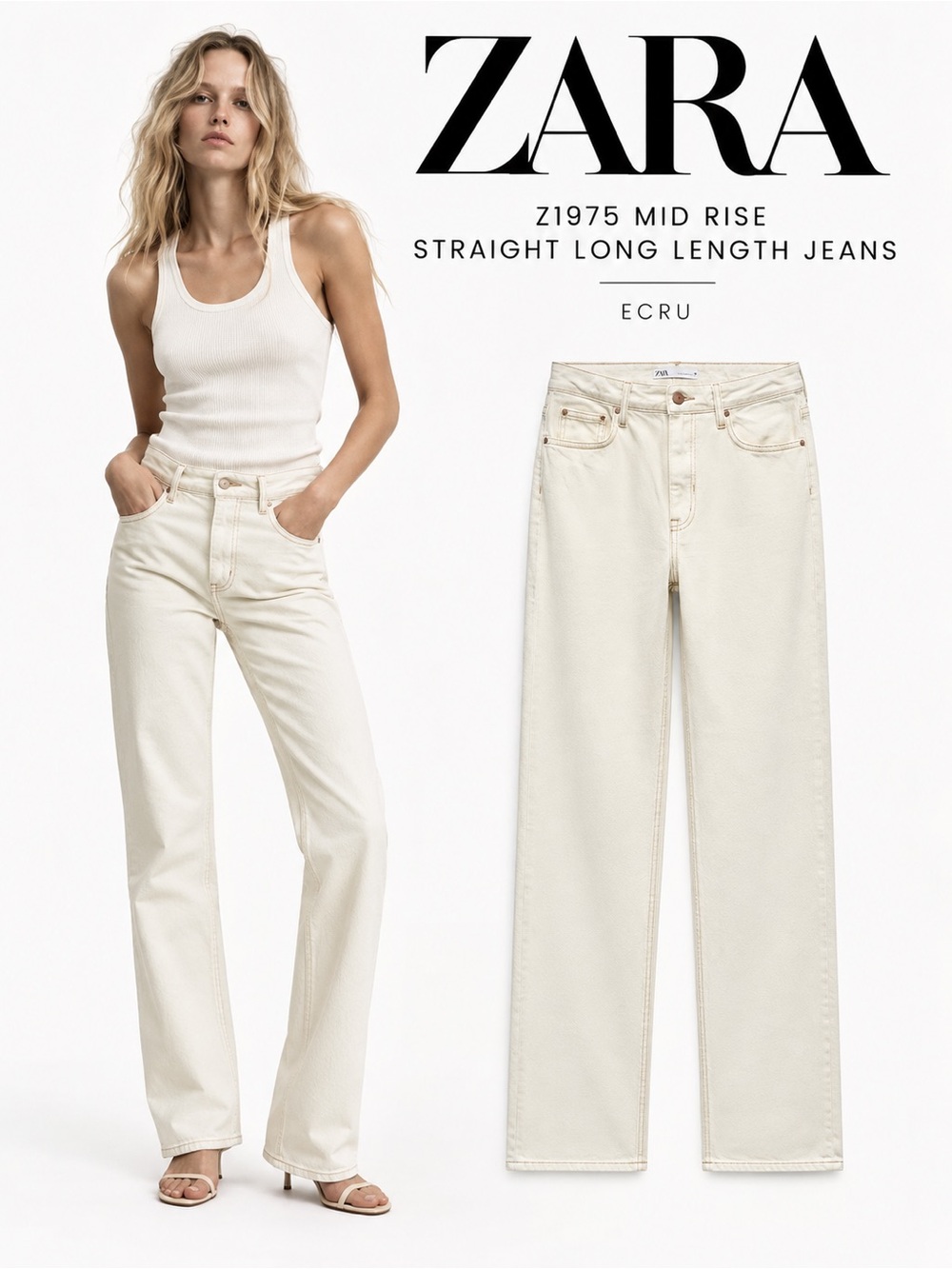 ZARA Z1975 Ecru Mid Rise Straight Long Length Jeans NWT Size 10